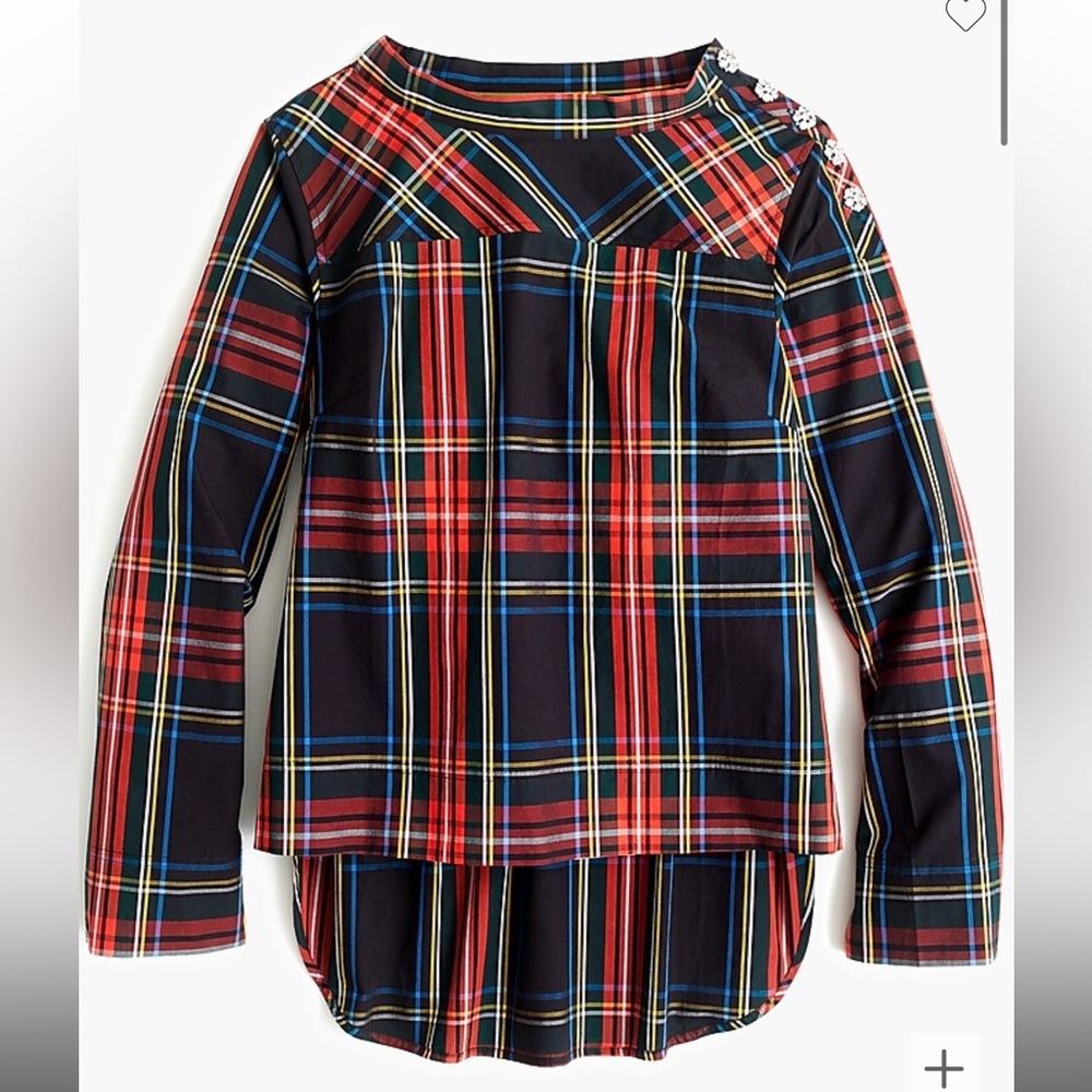 J. Crew • Funnelneck Shirt In Stewart Tartan Jeweled Buttons Plaid Holiday